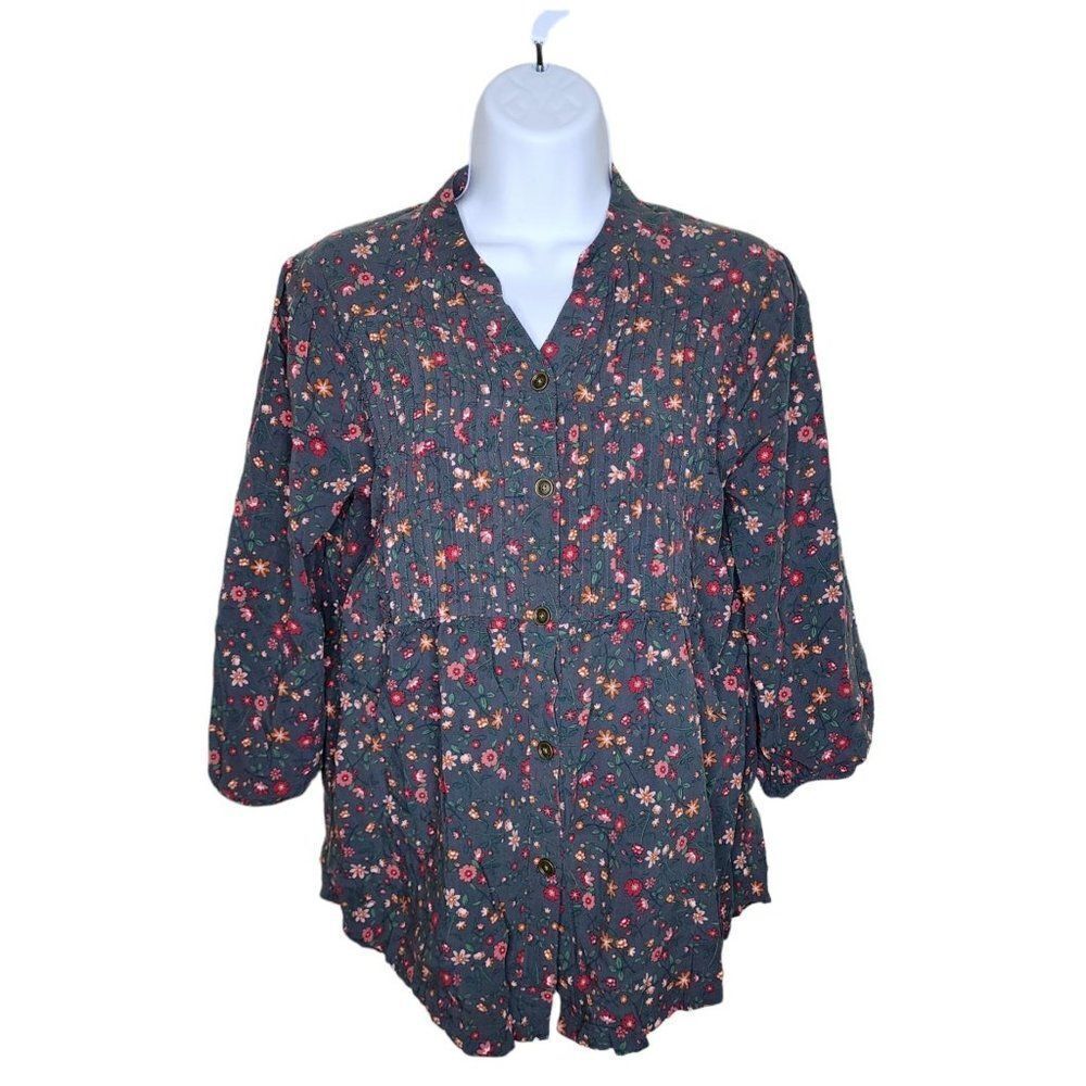Matilda Jane Peasant Tunic Top Womens Size S Gray Floral Pintuck